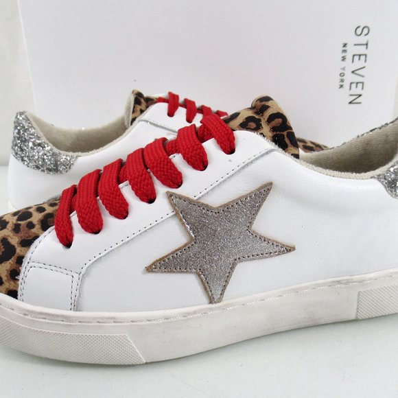 Steven New York By Steve Madden Rubie Lace Up Star Sneaker White Leopard Size 7 - Picture 2 of 9